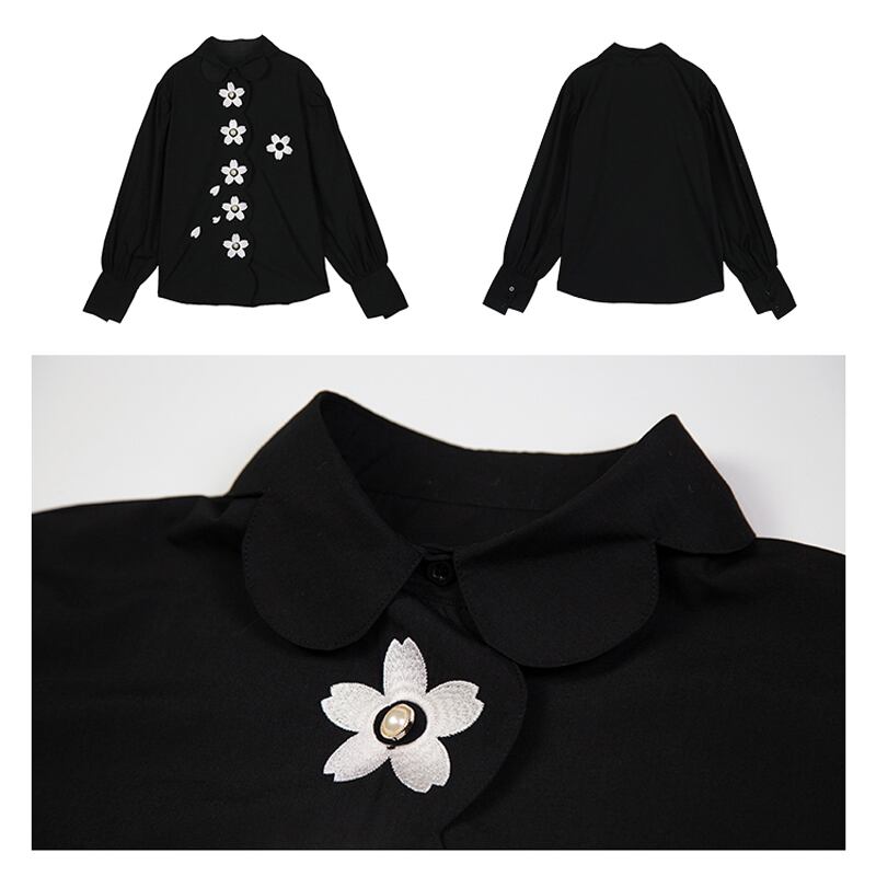 [Yangji Great Dream Series]★Shirt★ Tops Embroidery Original Retro Temperament Enhancement Long Sleeve Shirt Black Black