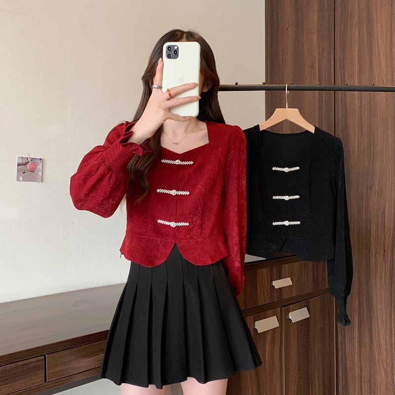 [DINGNING Series]★China style tops★ 2color long sleeve large size black red short length