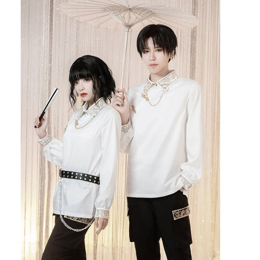 [Kyoto Series] ★China Style Shirt★ Tops Embroidered with Chain Men's White Men's Long Sleeve