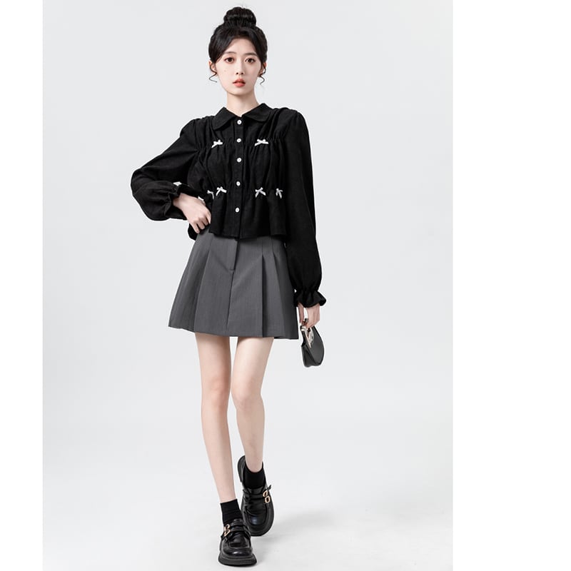 [WEIWU Series]★Shirt★ Tops Ladies Short Length Corduroy Black Cute Stylish