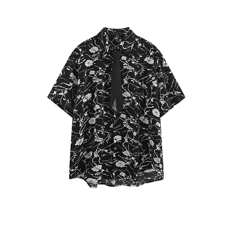 [BEAT BOY Series] ★Shirt with tie★ Ink pattern floral pattern tops short sleeve shirt unisex men's print black black