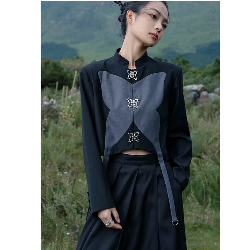 [Big Blue Dragon Series] ★China style outerwear★ Mini length Butterfly design Original black gray color scheme