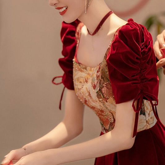 [DUZI Series] ★Party Dress★ One Piece Oil Painting Style Switching Velvet Red Red Coming of Age Ceremony Photography Wedding