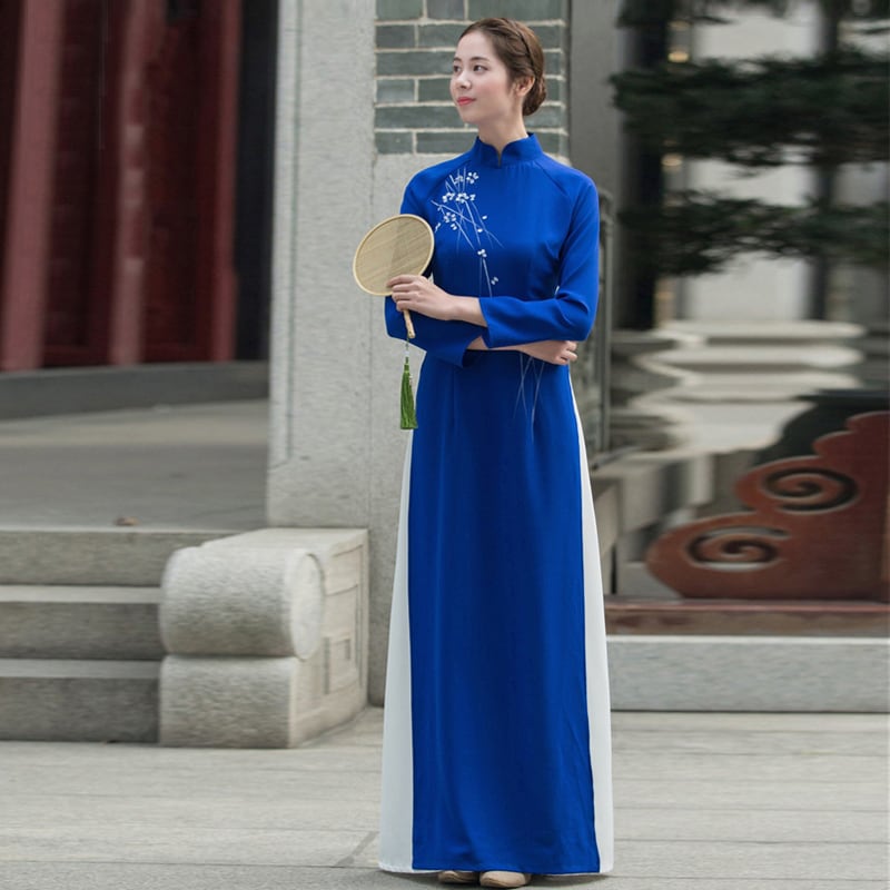 Ao Dai Vietnamese Ethnic Style Long Dress Side Slit Long Sleeve Stand Neck Dress After-Party Bride Thank-you Party Date Invitation Blue Pink Large Size SML XL 2XL