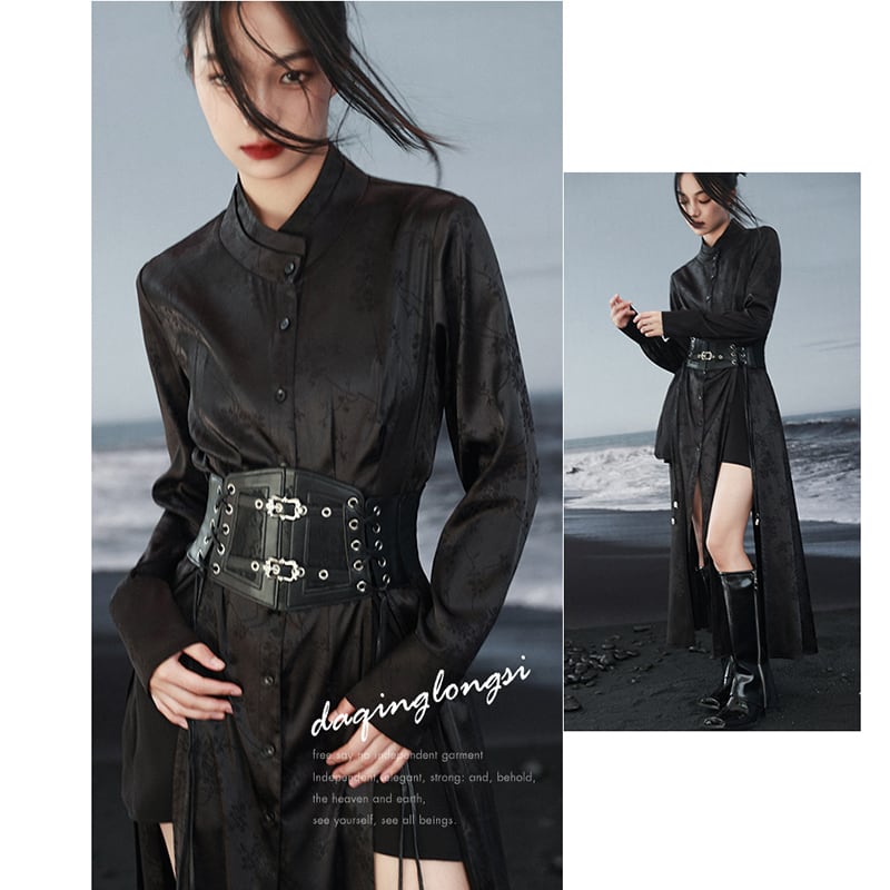 [Big Blue Dragon Series]★China style shirt★Long length shirt slit original black black slimming fashionable