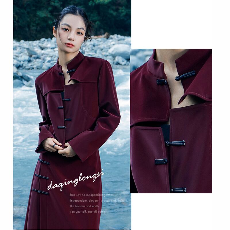 [Big Blue Dragon Series] ★China style outerwear★ PU jacket China button openwork wine red red