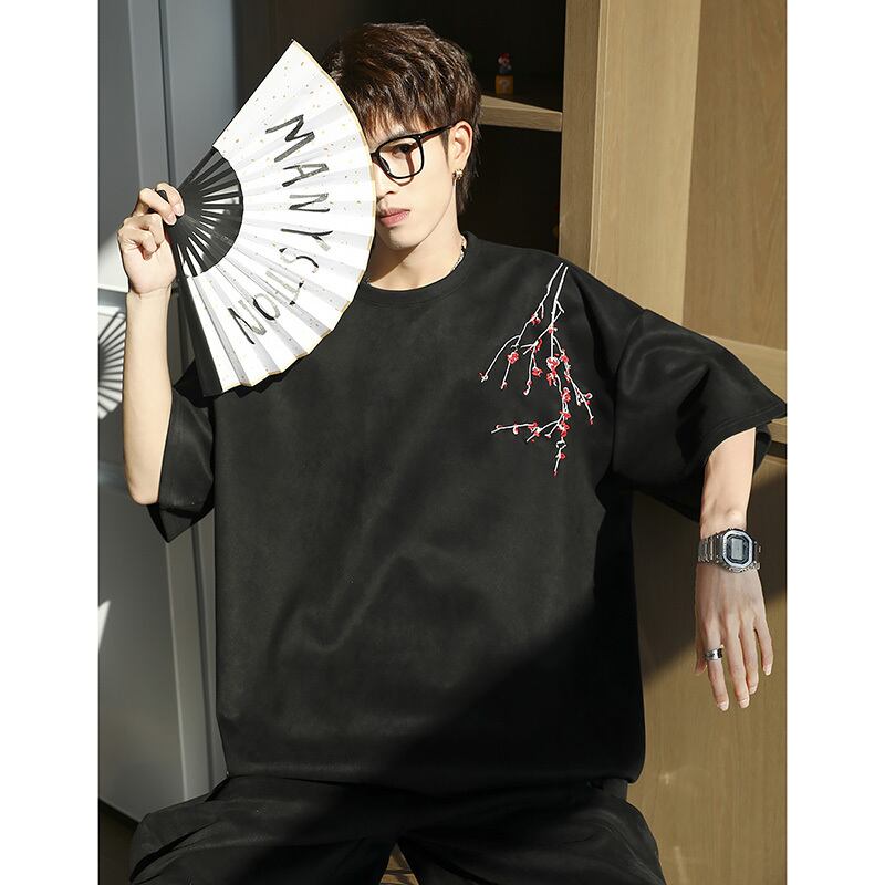 [MANYSTON Series]★China style T-shirt★ Tops 2color Unisex Men's Short Sleeve Plum Embroidery Casual