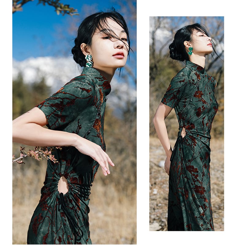 [Da Qinglong Shu Series]★China style dress★ Improved Chinese dress Sexy Velvet Long Length Original Photography Green Green Summer