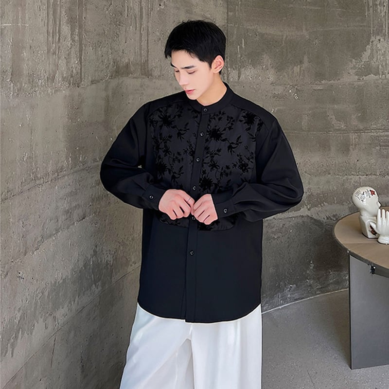 [Illustrated series] ★China style shirt★ 2color tops unisex men's black red floral pattern switching