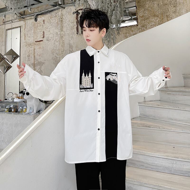 [WENYI Series]★Shirt★ Tops 2color embroidery Color scheme Unisex Black White White Black Improves temperament