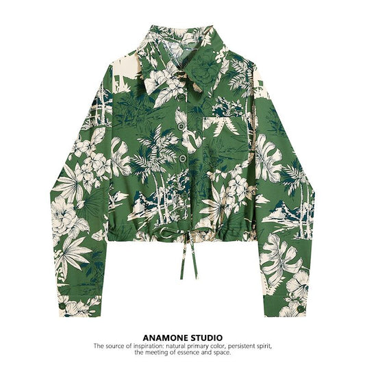 [ANAMONE STUDIO series] ★Long sleeve shirt★ Tops Floral print Retro SML Short length Slimming Green