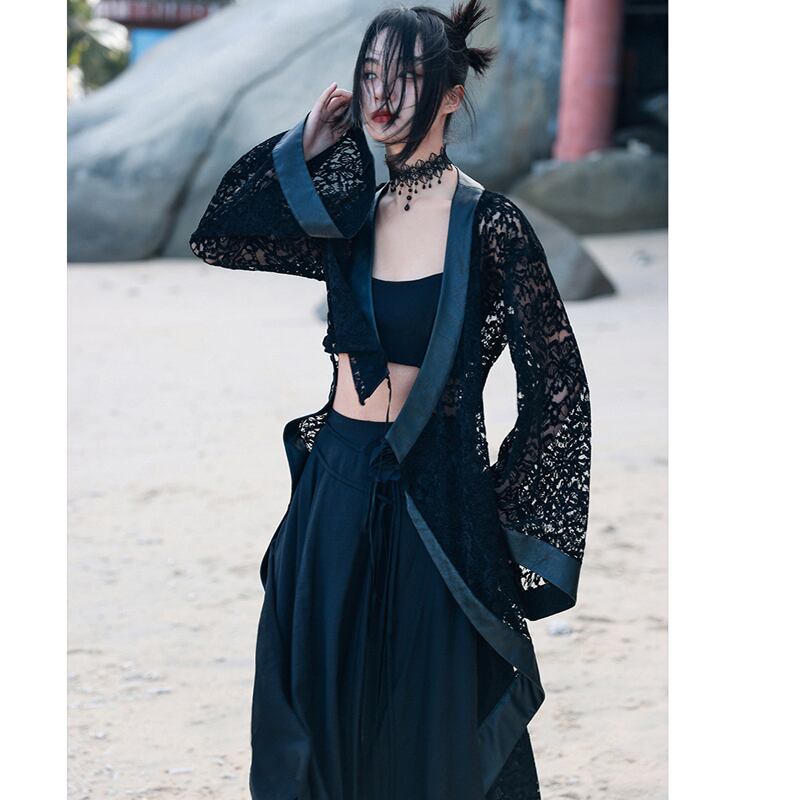 [Big Blue Dragon Series] ★Chinese style dress★ Lace openwork sexy switching black black