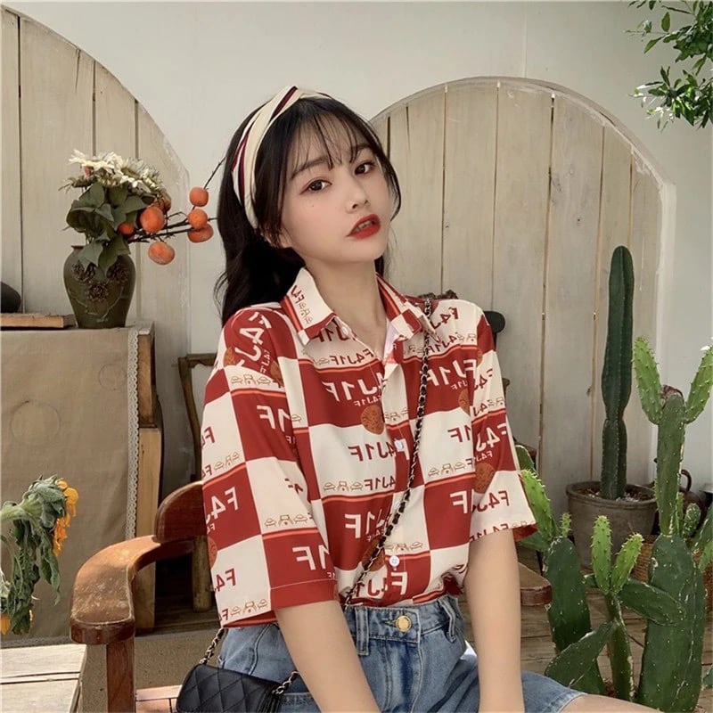 [YOUZI Series]★Retro Shirt★ Short Sleeve Shirt Tops Print Retro SML XL Thin Red Red Cute