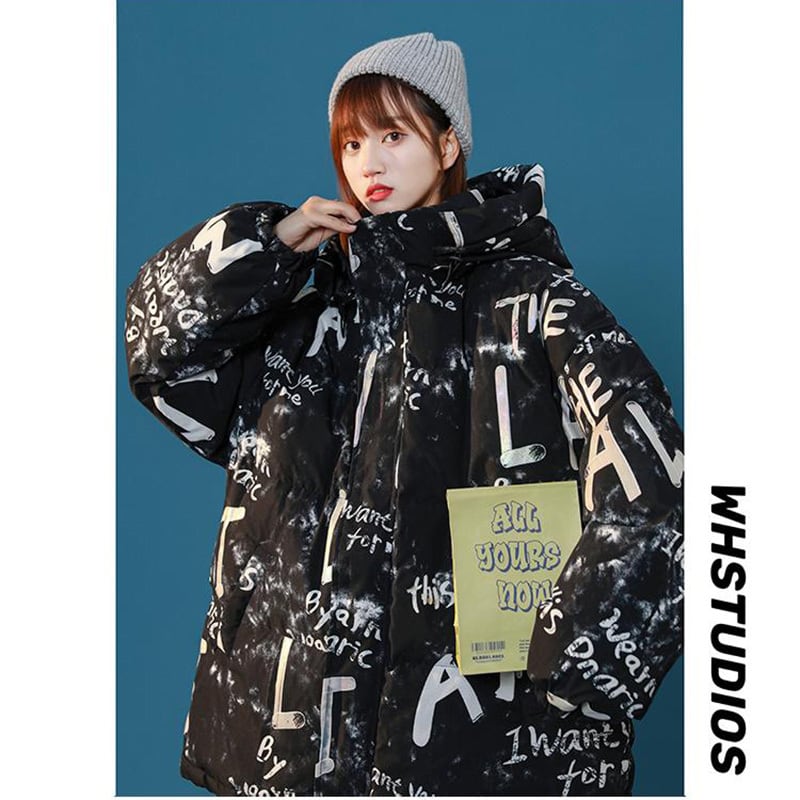 [Ushiomiomi Series] ★Winter Coat★ Cotton Coat Outerwear 2color Unisex Men's Graffiti Alphabet Black