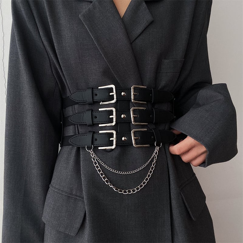 [Yuwei Series]★Belt with chain★ Accessories Small items Black Easy to match Unique and stylish