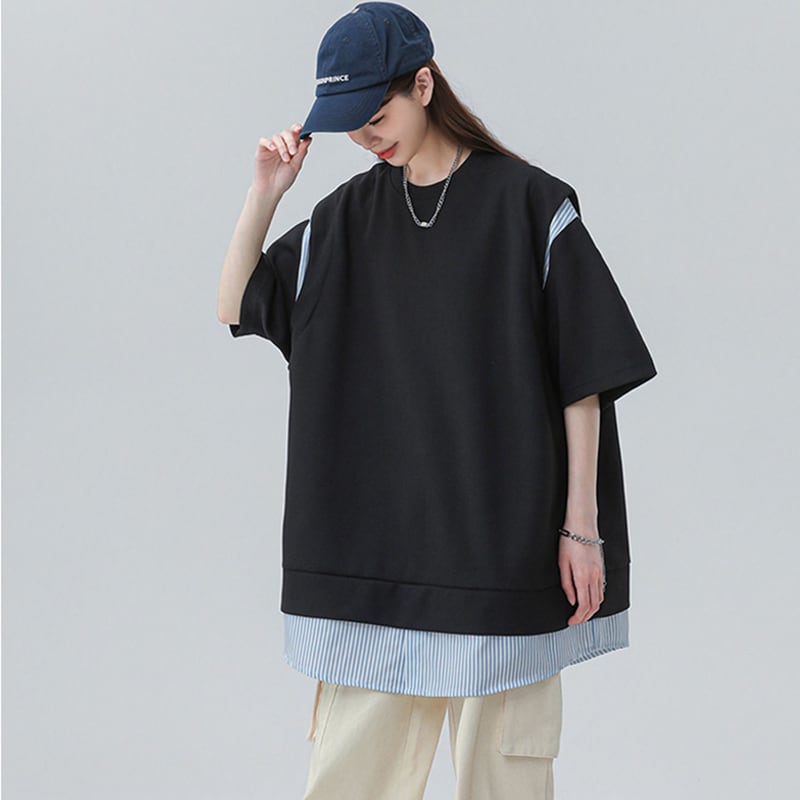 [CHAOMEICHEN Series] ★T-shirt★ 2color Tops Unisex Men's Summer Clothes Short Sleeve T-shirt Faux Layered Black White