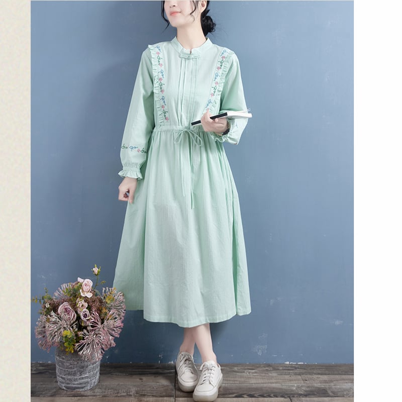 [Qing Series]★Chinese style dress★ 5color embroidery Improves temperament White Apricot Green Purple Orange