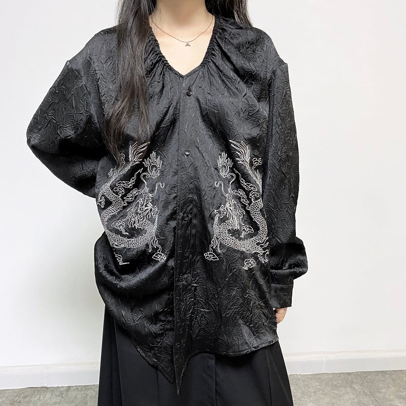 [Illustrated Series]★China Style Shirt★ Tops Dragon Embroidery Fashion Unisex Men's Black Black