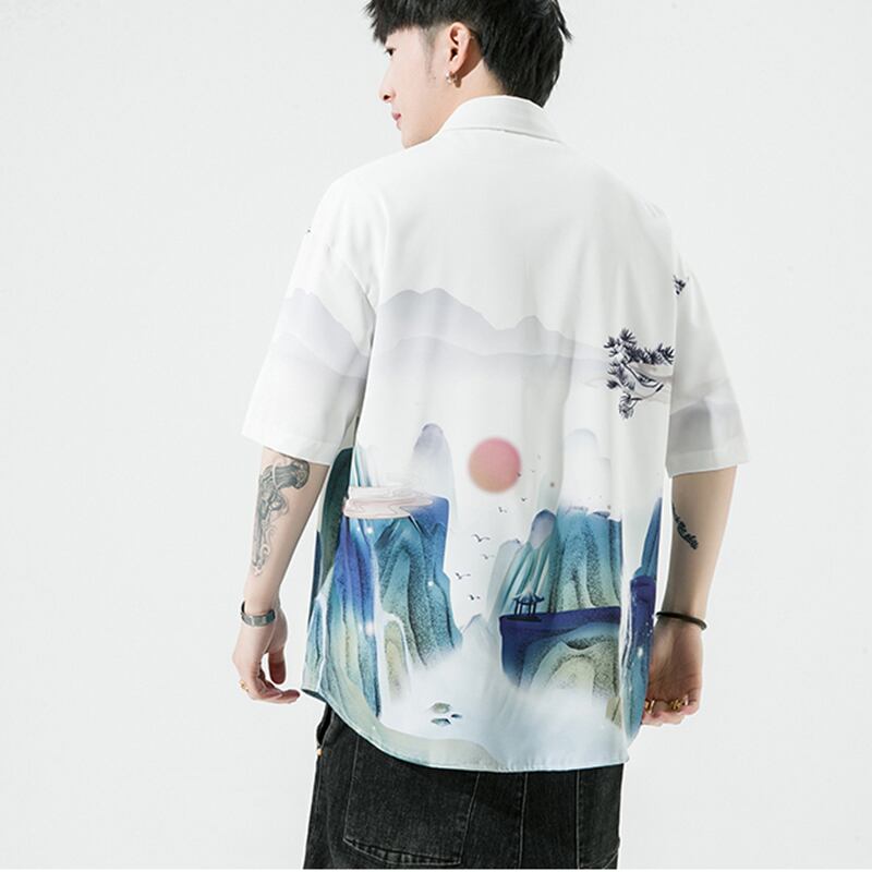 [MOWENZHAI Series] ★China Style Shirt★ Ink Pattern Crane Short Sleeve Shirt Tops Unisex Men's Large Size