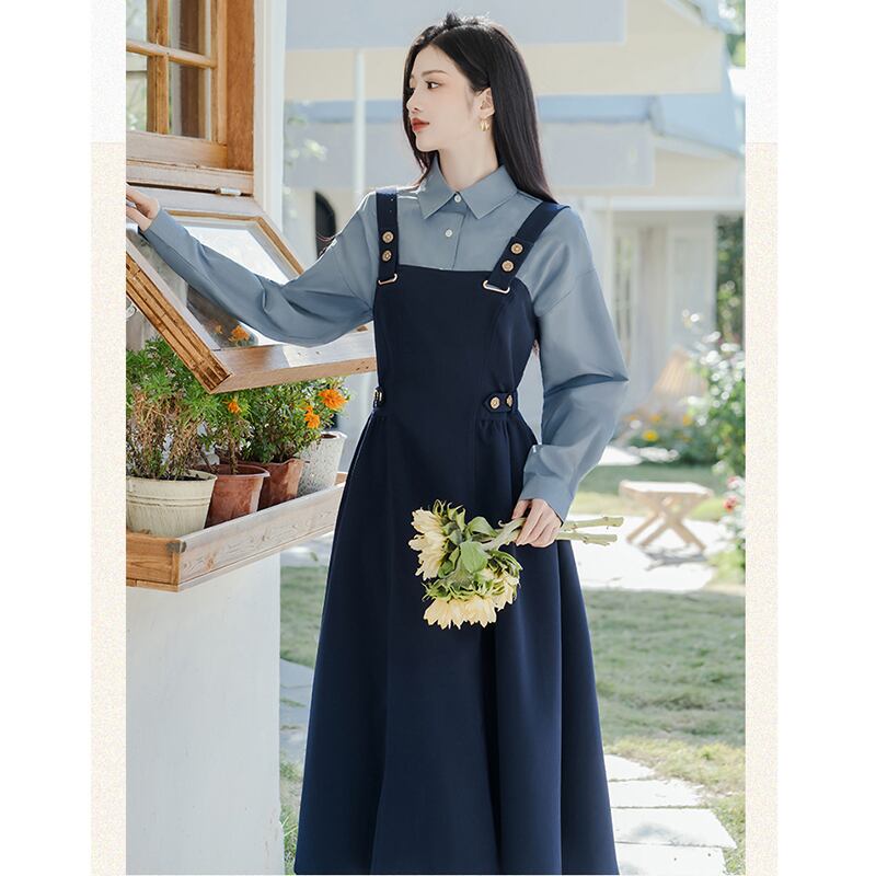 [Rinroki Series]★Setup★ 2-piece set Hanging dress + shirt Women's Blue Blue Commuting Date