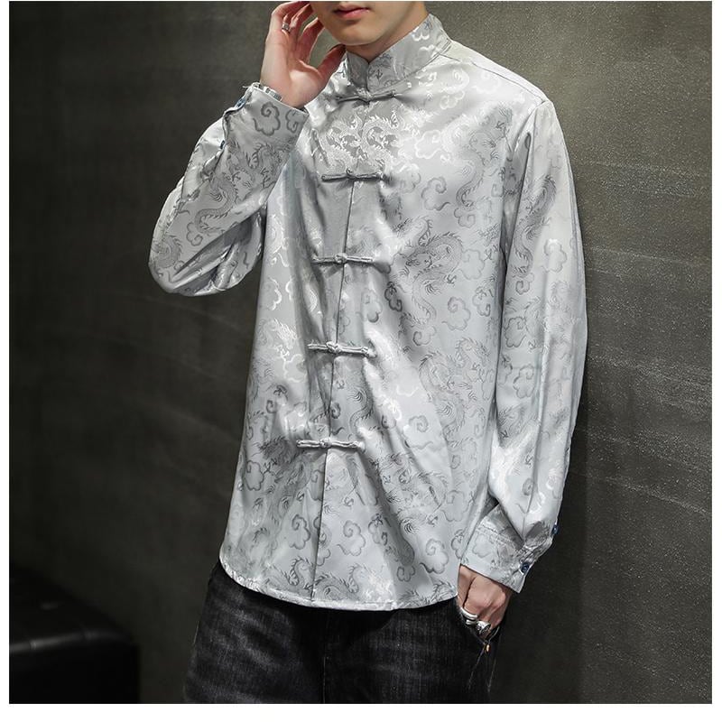 [BITIWO Series]★China style shirt★ Men's 6color tops Dragon crest large size black white blue silver yellow red thin