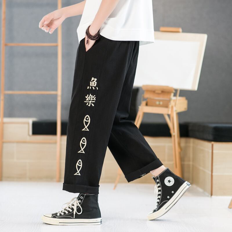 [TAOHUAYUAN Series]★China style trousers★ 3color bottoms trousers casual pants unisex men's large size fish nine-quarter length