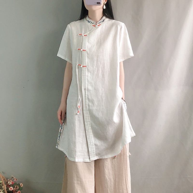 [Kofuku Series]★China style shirt★ 4color long shirt ethnic style blue white pink yellow