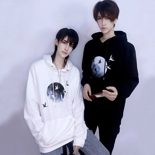 [Kuraho Koya Series] ★China style hoodie★ 2color black or white tops unisex crane with hat ML XL 2XL