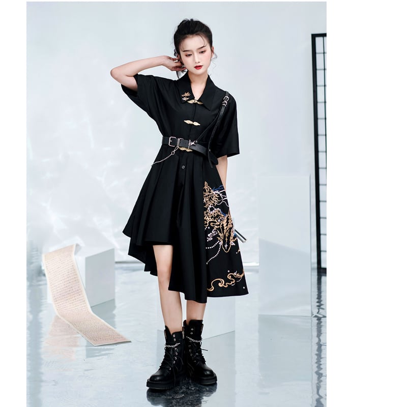 [Kyoto series]★China style dress★ Embroidery irregular unique design cool black black