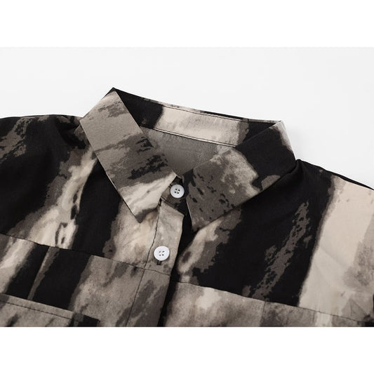 [LHSEN STUDIO Series] ★Shirt ★ Tops Long Sleeve Shirt Women's Tie-dye Retro Mini Length Black Black