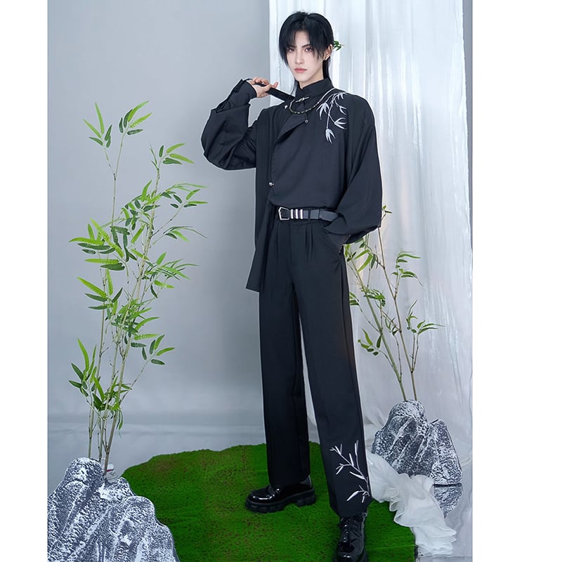 [Kuraho Koya Series]★China style trousers★Bottoms Bamboo embroidery Unisex Men's Black Black