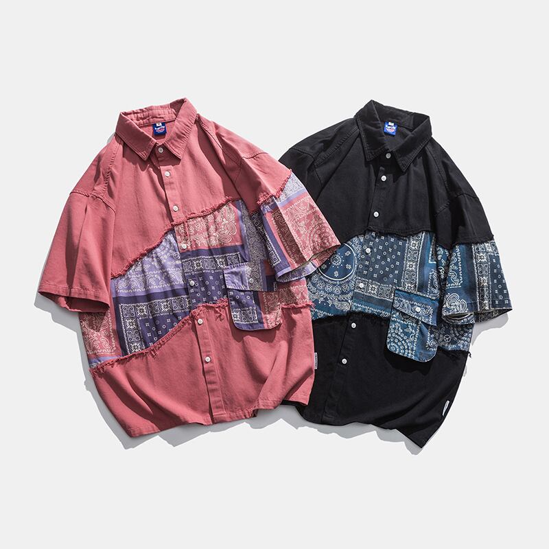 [WH Teacher Series]★Shirt★ 3color Paisley Short Sleeve Shirt Switching Tops Unisex Men's White Black