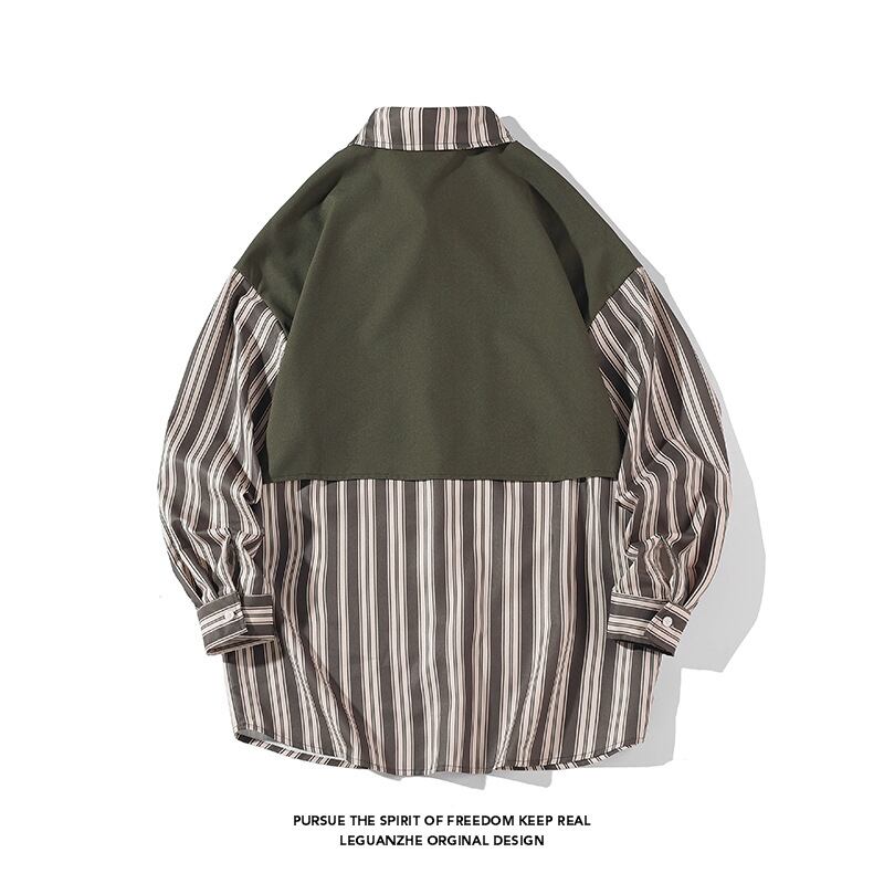 [BIGEMAN Series]★Shirt★ Tops 2color Unisex Men's Large Size Vertical Stripes Green Green Faux Layered