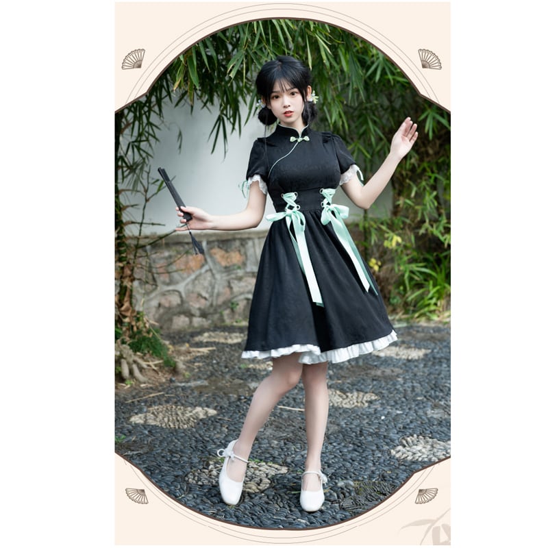 [Shukunsho Series] ★Chinese style dress★ Improved cheongsam dress Black Black Hanfu dress