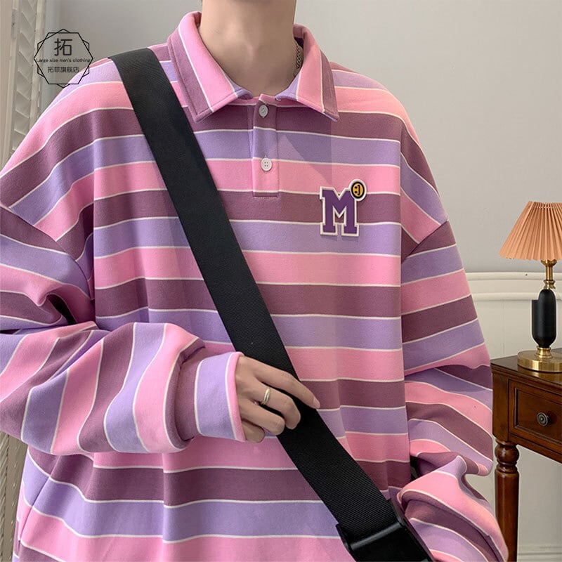 [BIGEMAN Series]★POLO Neck★ 2color Tops Vertical Stripes Striped Pattern Unisex Men's Large Size