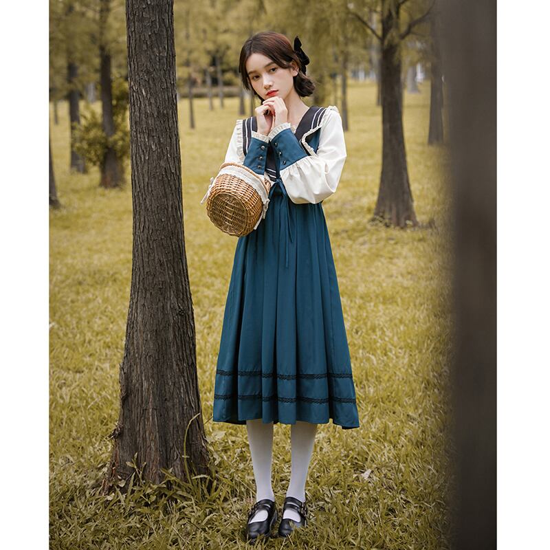 【書槿笙シリーズ】★ロングワンピース★ JK風 セーラー服 配色 可愛い ロリータ 洋服 レトロ ブルー 青い