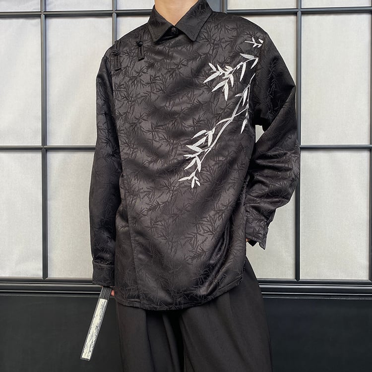 [Illustrated series] ★China style shirt★ 2color tops embroidery bamboo unisex men's black apricot