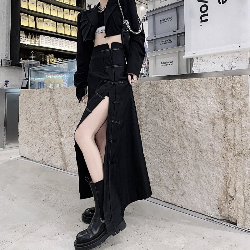 [Lin Shushuo Series] ★China style skirt★ Bottoms Slit Asymmetrical Unique Harajuku style Easy to match Slimming Black Black