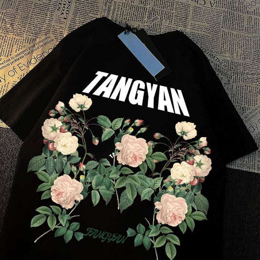 【TANGYANシリーズ】★Tシャツ★ 2color トップス 男女兼用 メンズ 大きいサイズ 黒 白 花柄 合わせやすい