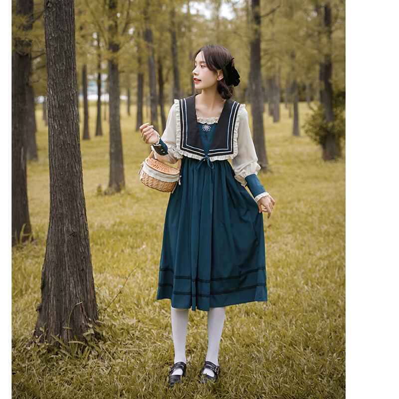 [Shokensho Series] ★Long dress★ JK style sailor uniform color scheme cute Lolita clothes retro blue blue