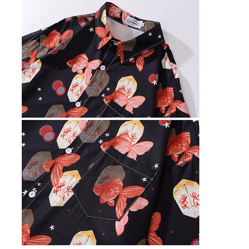 [TRAVEL ISSUANCE Series]★Shirt★ Long sleeve shirt tops unisex men's goldfish black red casual