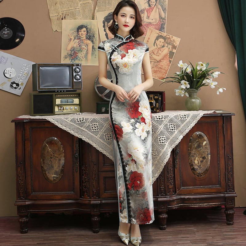 Chinese dress, dress, Chinese style clothing, stand neck, short sleeve, long length, elegant, slimming, classy, ​​large size, ML XL 2XL 3XL 4XL, everyday wear, party, girls' night out, blue, gray, floral pattern, artificial silk