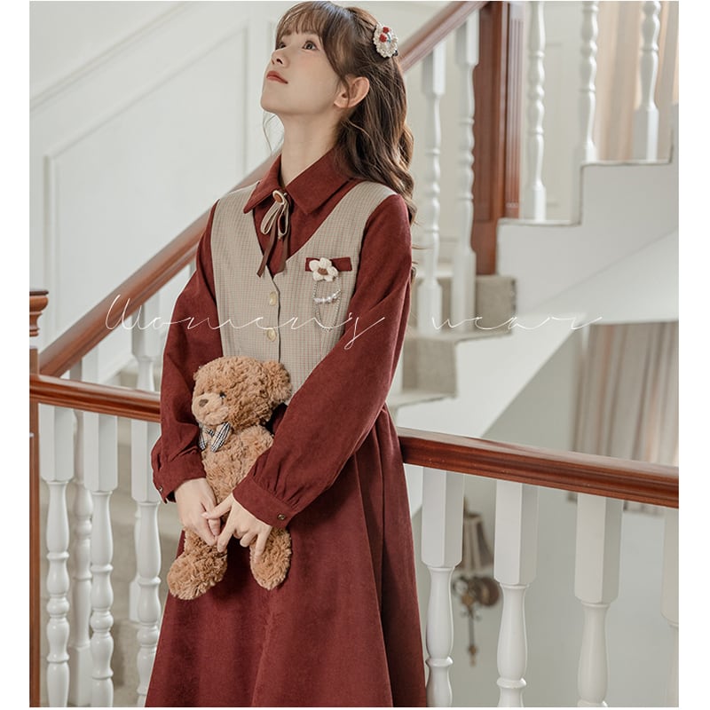 [Minami no Mori Series] ★One Piece★ 2color Faux Layered Fashion Ladies Switching Ribbon Wine Red Khaki Brown