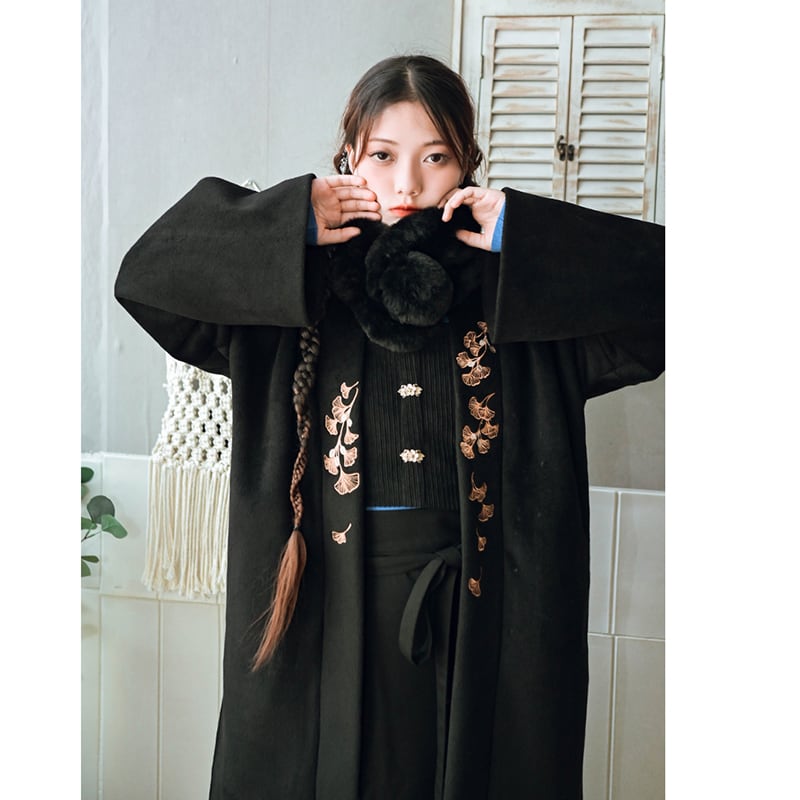 [Kokaisha --- Leaf Series] ★China style coat★ 2color embroidery outerwear long length Hanfu coat black gray