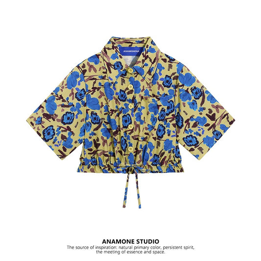 [ANAMONE STUDIO Series]★Shirt★ Tops Floral Print Retro SML Short Length Summer Clothes Blue Yellow