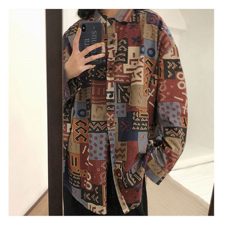 [YOUZI Series] ★Retro Shirt★ Long Sleeve Shirt Tops Print Retro S M L XL Loose Easy to Match Thin