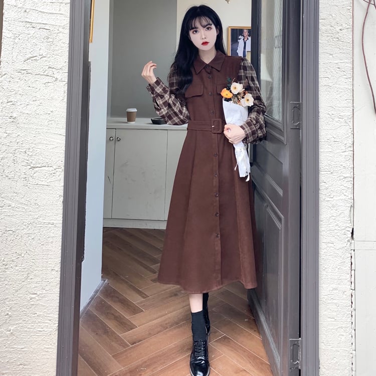 [Dong Xiaojie Series] ★Checked pattern dress★ Large size women's dress Coffee color Commuting Literary style