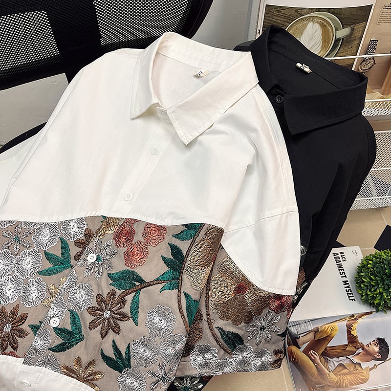 [High Series] ★Chinese-style shirt★ 2 colors, black or white, short sleeves, summer, embroidery, floral pattern, unisex, large size