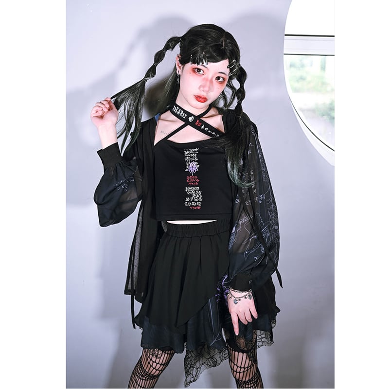 [Kokaisha---Monster CLUB Series] ★China style outerwear★ 2color tops with hat printed long sleeves summer spring thin sheer ML XL