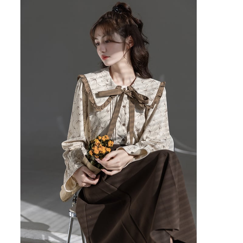 [GUIDUO Series]★Shirt★ Tops, Long Sleeve Shirt, Floral Pattern, Women's, Improves Temperament, Ribbon, Cute, Date, Commuting